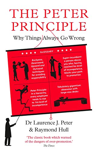 Book cover for The Peter Principle showing a red presentation board with office illustrations.