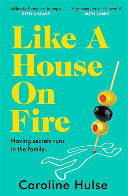 Book cover with yellow text, a cocktail skewer with olives, and a white chalk outline.