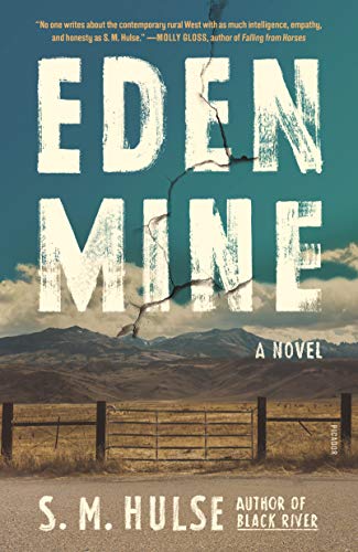 Book cover for "Eden Mine" with cracked text over a rural landscape.
