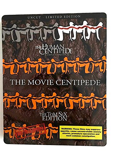 The Human Centipede Complete Sequence Blu-ray cover with stylized orange and white centipede illustrations.