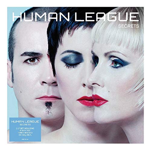"Album cover with three close-up faces and 'HUMAN LEAGUE SECRETS' text."