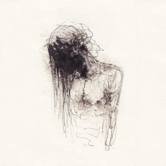Sketch of a human figure with obscured face and textured lines.