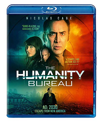 Blu-ray cover for "The Humanity Bureau" featuring Nicolas Cage and cast.