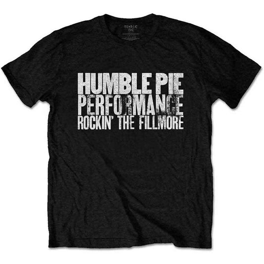 Black t-shirt with white “Humble Pie Rockin’ The Fillmore” text graphic.