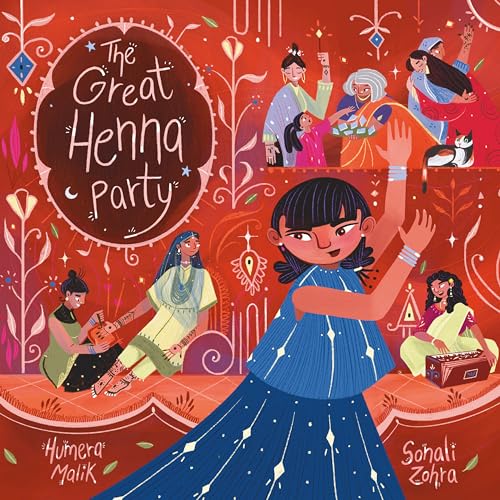 Colorful illustration of women celebrating with henna, music, and patterned fabrics.