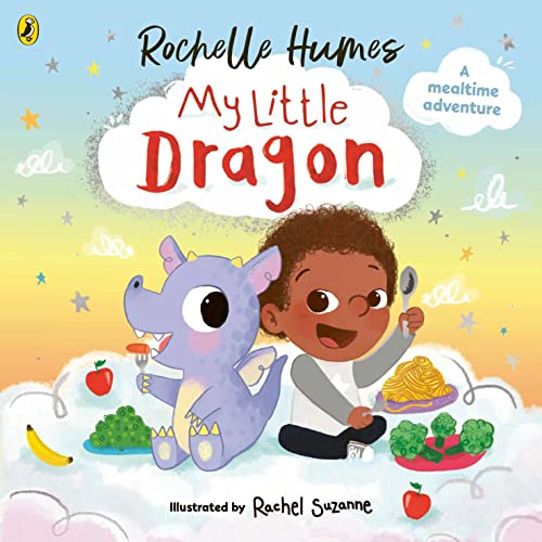 Book cover: a child and small purple dragon with food illustrations.
