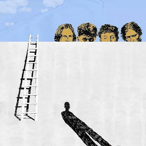 Four faces peer over a wall, with a ladder and a person's shadow below.