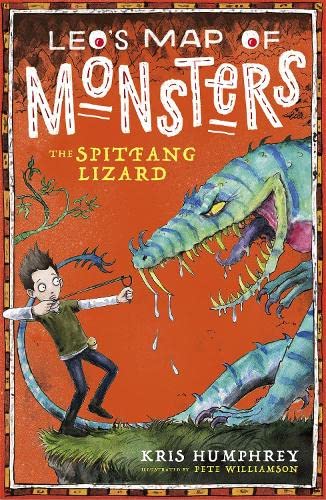 Book cover: boy facing a large, blue, toothy lizard with open mouth.