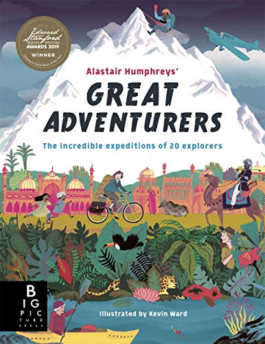 Book cover: illustrated mountain scene with explorers and diverse landscapes.