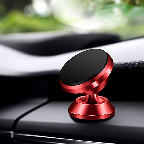 Red magnetic car phone mount on a gray dashboard.
