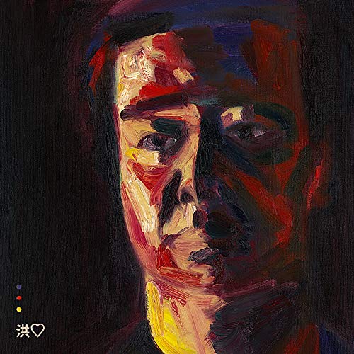 Painted portrait of a person’s face with bold red, black, and white brushstrokes.