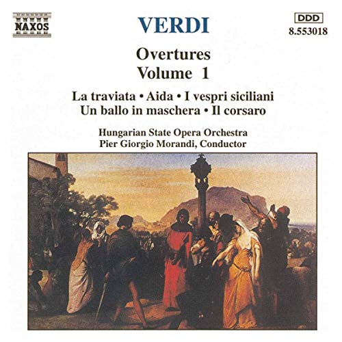 CD cover for Verdi Overtures Volume 1 featuring a classical painting of figures.