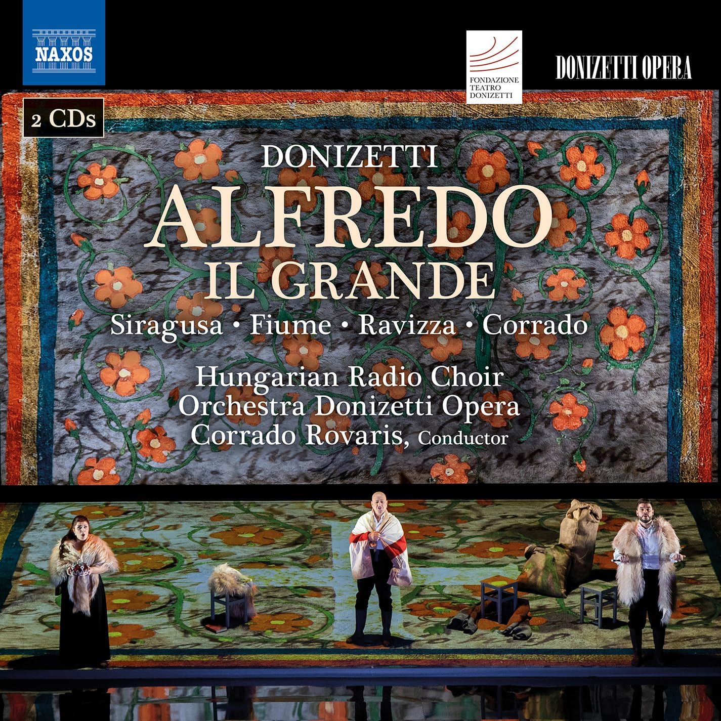 CD cover for Donizetti’s “Alfredo Il Grande” opera with stage scene.