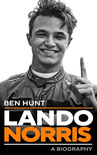 Black and white book cover featuring Lando Norris smiling and pointing a finger upward.