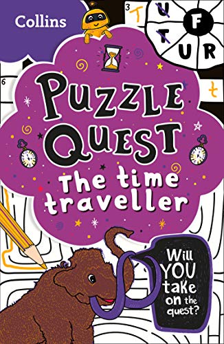 Book cover with purple text, a mammoth, and time-related imagery.