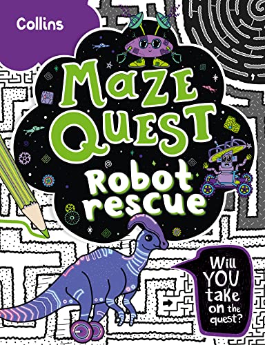 Book cover featuring a maze background, a purple dinosaur, and a robot character.