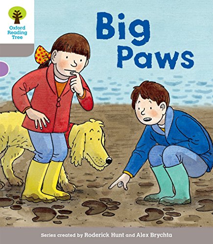 Children and a large dog look at paw prints on a beach.