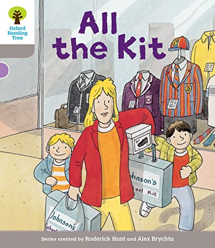 Children with a woman in a shop surrounded by school uniforms.