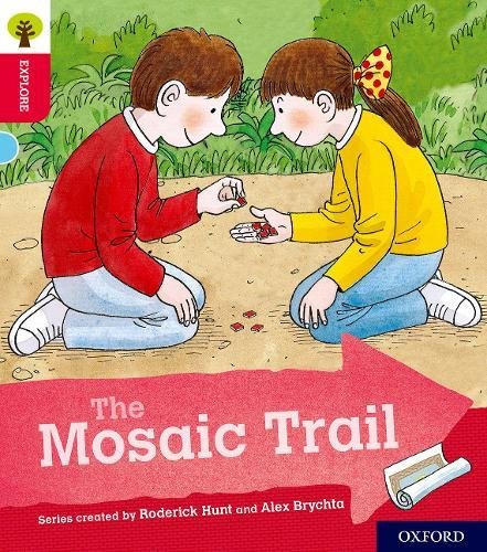 Two children kneeling, examining small red pieces on the ground.