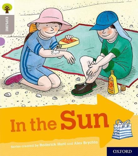 Two children with hats sit on a beach blanket applying sunscreen.