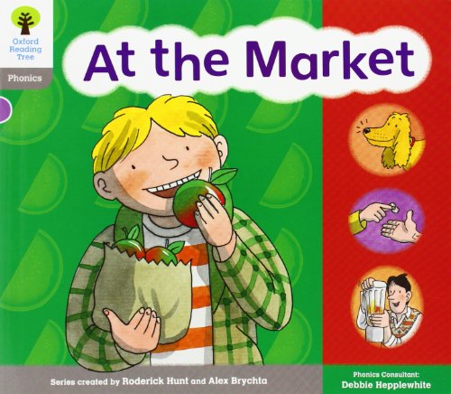 Book cover: boy biting an apple at a market with Floppy the dog.