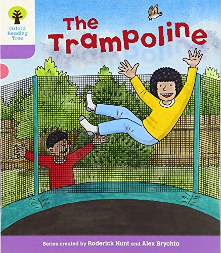 Book cover: a girl jumping on a trampoline, a boy watching.
