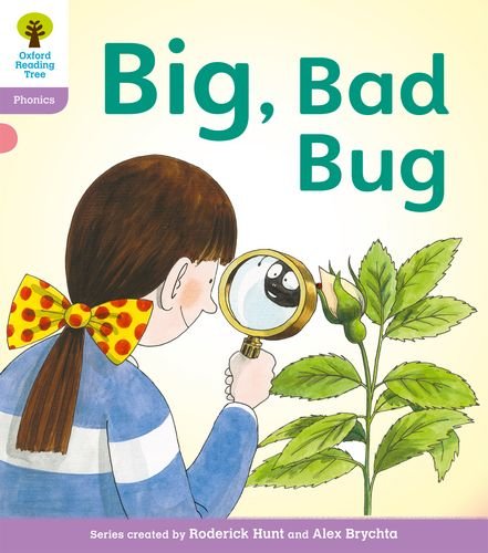 Girl with magnifying glass examining a bug on a plant.