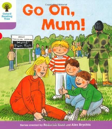 Children cheer a mother tying her shoes before a fun run.