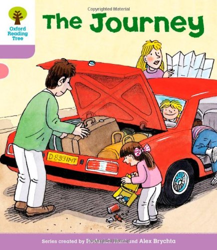 Family with a red car, packing for a journey, illustrated cover.
