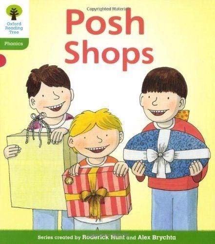 Book cover: three children with wrapped gifts, titled "Posh Shops".