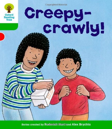 Book cover: two children with a box, titled "Creepy-crawly!".