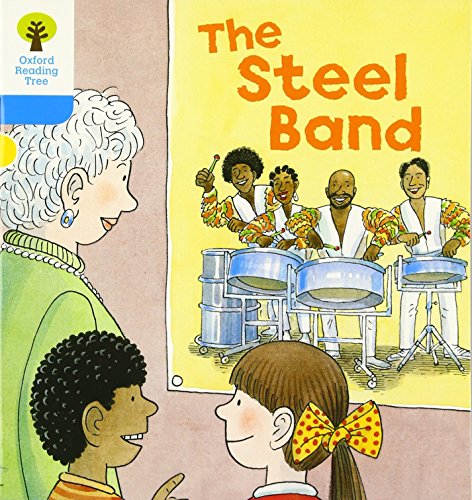Children watch a steel band perform, illustrated cover of a reading book.