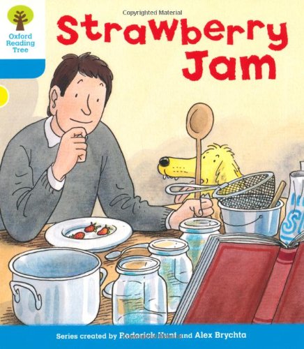 Book cover: boy making jam with a dog, strawberries, and jars.