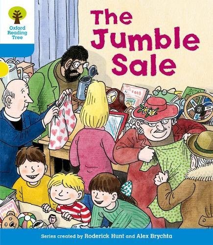 Children’s book cover depicting a crowded jumble sale with people shopping.