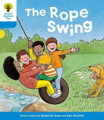 Children playing on a tire rope swing with a dog, book cover.
