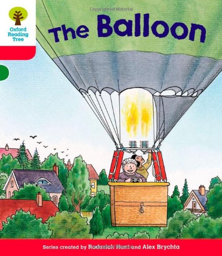 Two people in a hot air balloon flying over houses and trees.