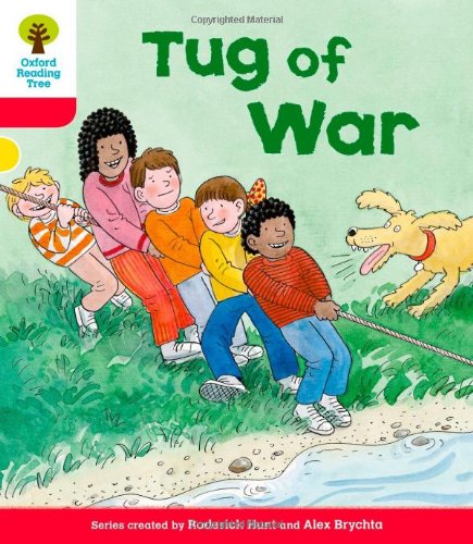 Children playing tug of war with a rope, and a dog watching.