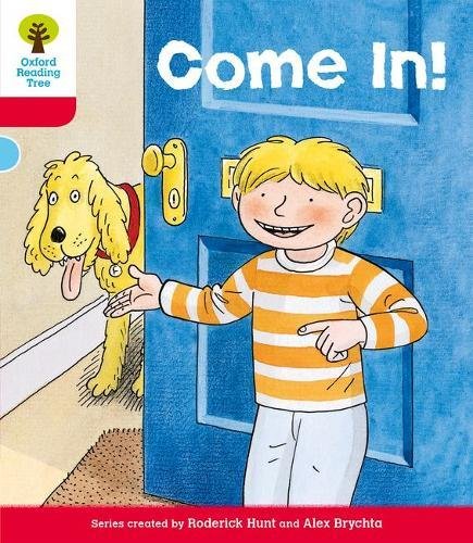 Boy pointing, dog with open mouth, and a blue door reading "Come In!".