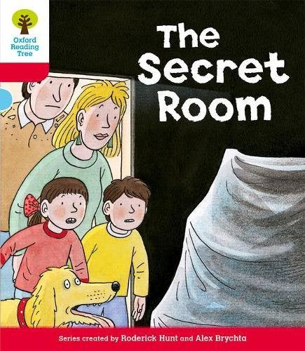 "Children's book cover featuring a family and dog peeking around a draped doorway."