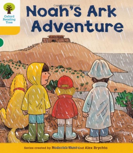 Children and a dog look at a distant hill in the rain.