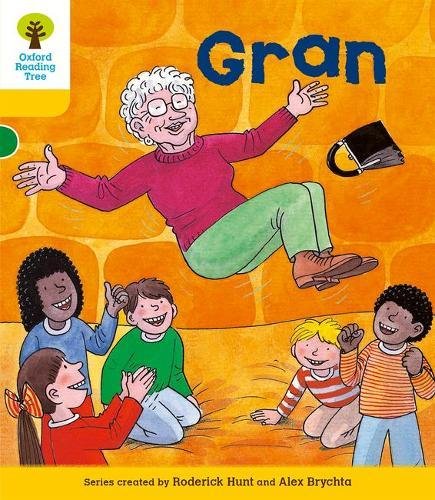 Illustration of grandmother playfully falling with four excited children.