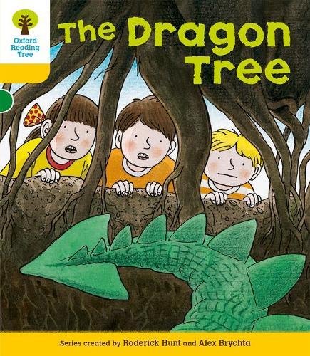 Book cover: children looking at a green dragon emerging from trees.