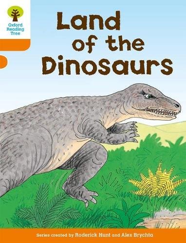 Book cover showing a grey dinosaur in a grassy landscape with title Land of Dinosaurs.