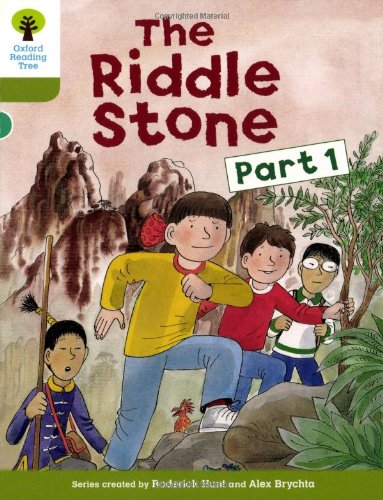 Book cover: children looking up at mountains, titled "The Riddle Stone Part 1".