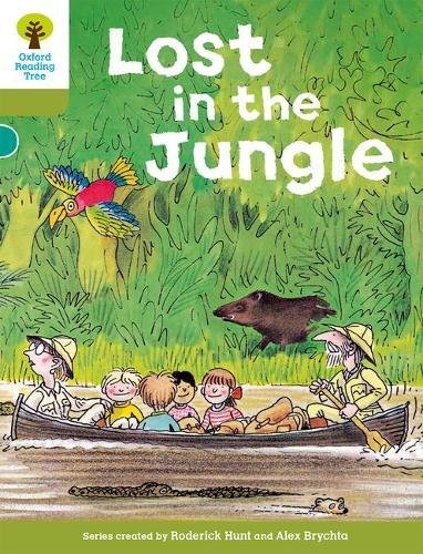 Book cover: children in a boat, jungle scene, and a parrot.