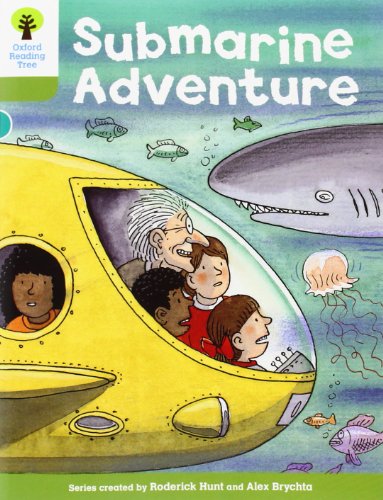Children in a yellow submarine observe a shark and marine life.