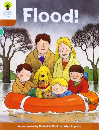 A family and their dog sit in an orange life raft during a flood.