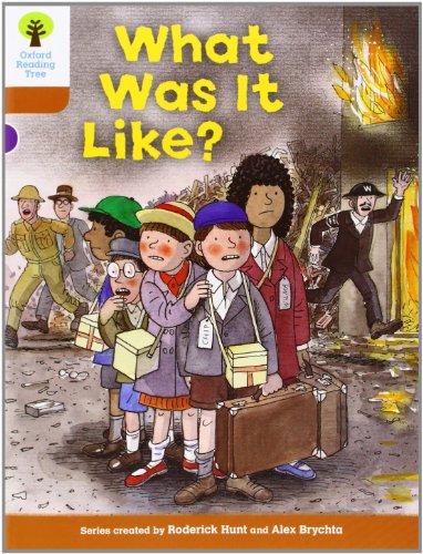 Children with luggage watch a historical scene of a city fire.