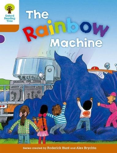 Book cover: “The Rainbow Machine” with children and a large blue machine.