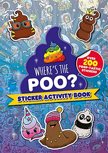 Colorful sticker activity book cover featuring cartoon poop characters in space.